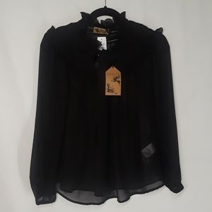 LF KATSUMI Black Pleated Ruffle Sheer Cottage Core Top Small (Size 4) NWT